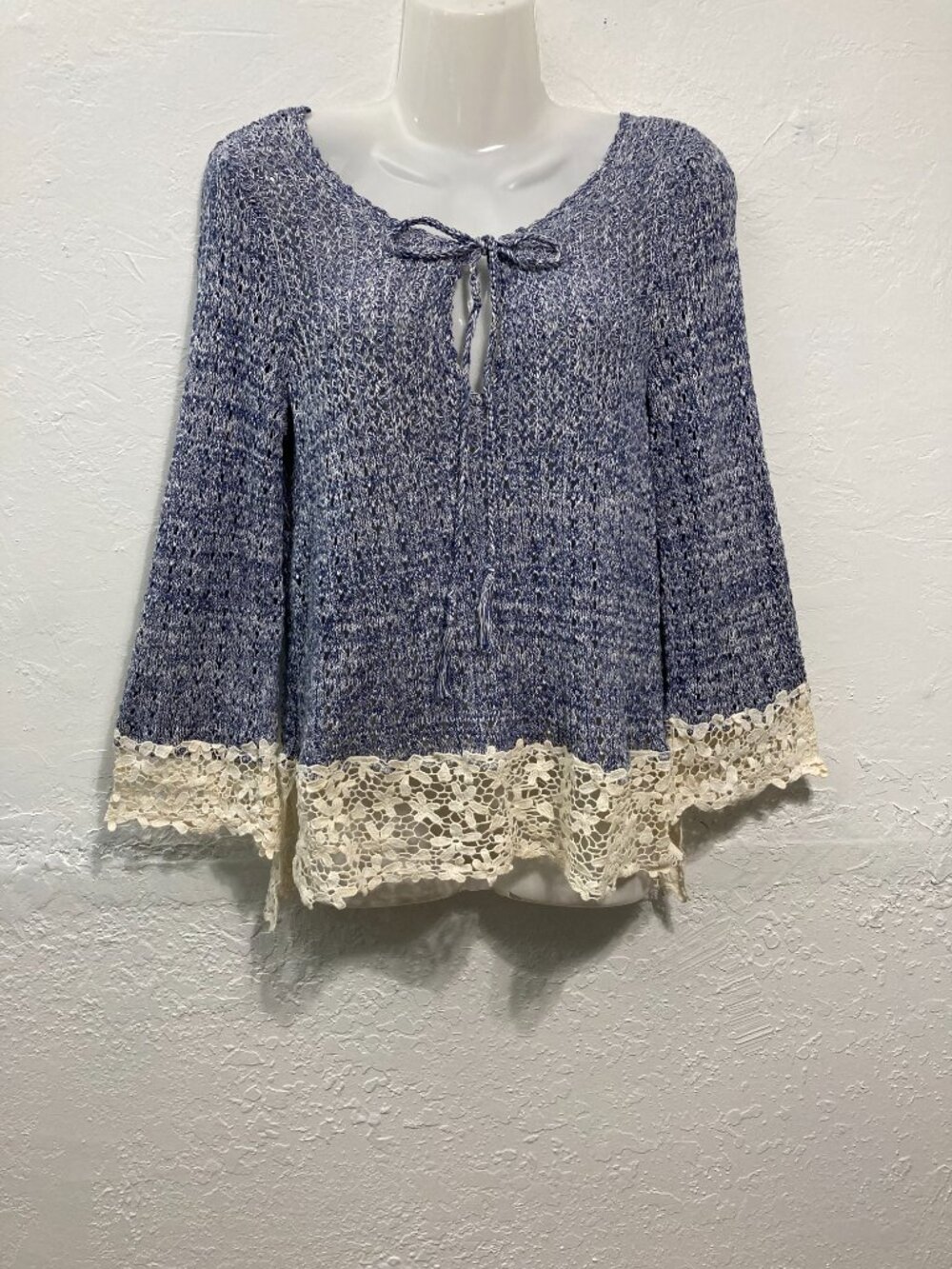 Y2k I.N.C International Concepts Knit Top Crochet Bell Sleeve Boho Chic Blue S